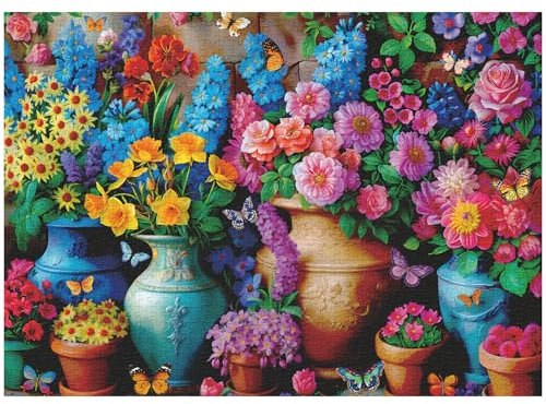 Flowers Puzzles for Adults 1000 Pieces, Retro Rainbow Rose Flower Vases Jigsaw Puzzles, Spring Plant Butterfly Puzzles as Floral Home Decor