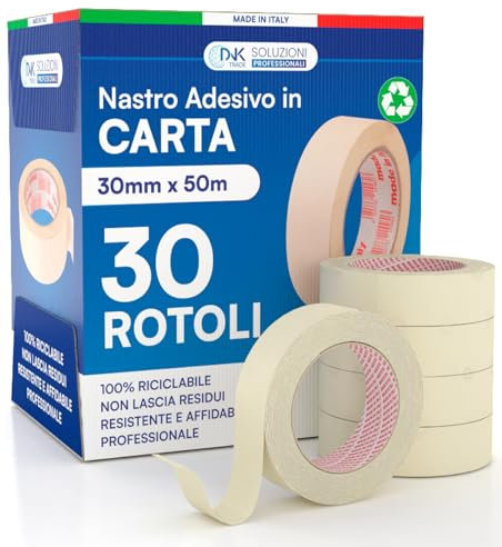 DNK TRADE Ruban de papier – 30 rouleaux de ruban de peintres 30 mm x 50 m – Papier gommé professionnel 30 x 50 cm recyclable pour masquage peinture et blanchiment