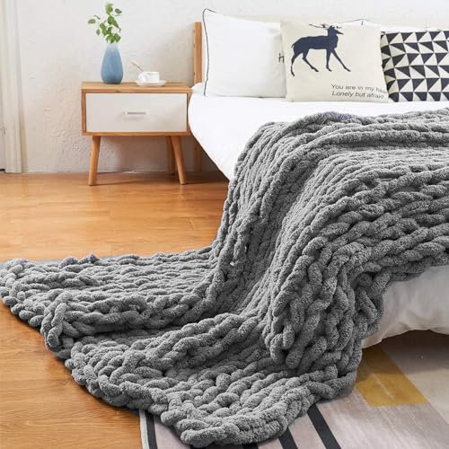Grobstrick-Chenille-Decke, Überwurf, handgefertigt, weich und gemütlich, Zopfstrickdecke für Sofa, Couch, Bett, Grau, 150 x 200 cm