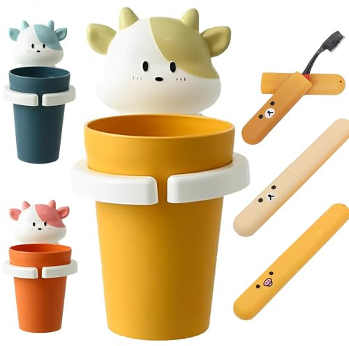 DXIA Zahnputzbecher mit Zahnbürstenhalter, Zahnbürstenhalter für Kinder mit 3 Stück Zahnbürstenhüllen, Cartoon Tiere WC Zahnbürste Zahncreme Zahnpasta, Zahnpasta-Utensilien(Beige)