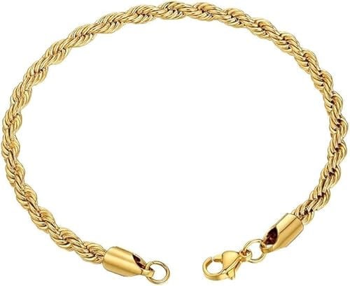 Gold Twisted Rope Bracelet - Hip Hop Jewelry, 316L Stainless Steel for Men and Women, Thick Rope Chain Bracelet (3mm)