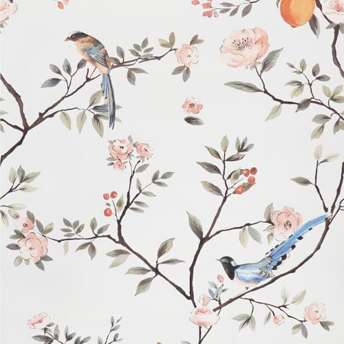 Papier Peint Adhesif avec Motif Oiseau, Fleur Rose et Feuille Verte - 44 x 500cm pour Meuble, Chambre, Cuisine, Salon