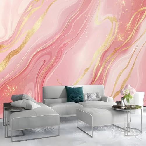 Papier Peint Panoramique 3D Marbre Rose Abstrait Papier Peint Intissé Fond Rose pour Chambre Salon Mur TV Artistique XXL Poster Décoration Murale 300x210cm