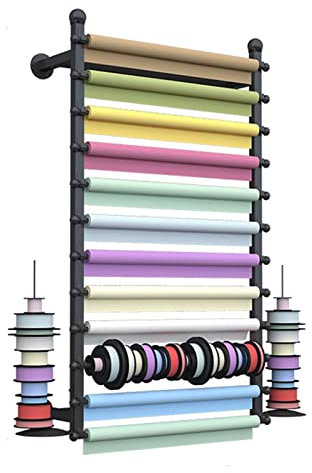WOTZOV Wall Mount Wrapping Paper/Ribbons Trays Storage Holder, 13 Tier Heavy Duty Metal Scarves Display Rack for Clothing Store,Black 120cm