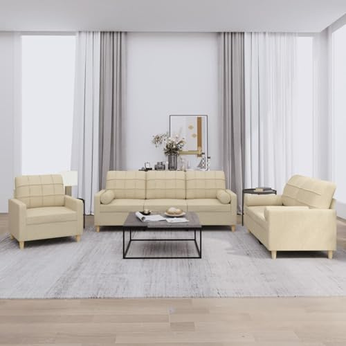 IKAYAA Sofagarnitur - 3-Sitzer + 2-Sitzer + Sessel Couch Set mit Kissen in Cremefarbe für das Wohnzimmer