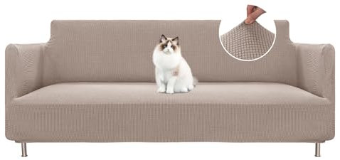 BellaHills Stretch Sofabezug Übergröße 3 Sitzer (215-250cm), Sofahusse Polyester Elastische Couchbezug mit Anti-Rutsch-Schaumstoffe, Sand