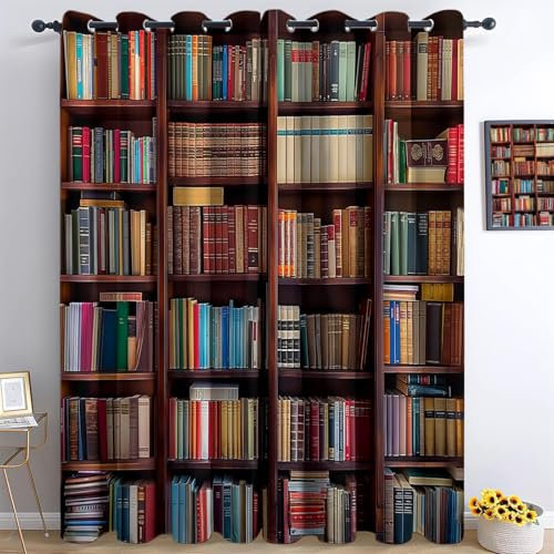 Vorhäng Blickdicht 2er Set, Vintage Bücherregal Bücher Weicher Thermogardinen Kälteschutz Winter Verdunklungsvorhänge H 200 x B 140 cm Ösenvorhang für Schlafzimmer Wohnzimmer, Bunt