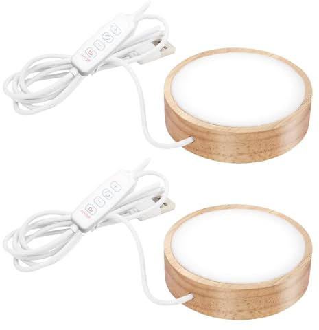 HOSPAOP LED Untersetzer Sockel aus Holz - 2er Set, 3 Farben, Dimmbarer Leuchtsockel, Leuchtende Dekorativer LED Base Ständer für Kristalle Glas, 3d Glasfoto, 10cm