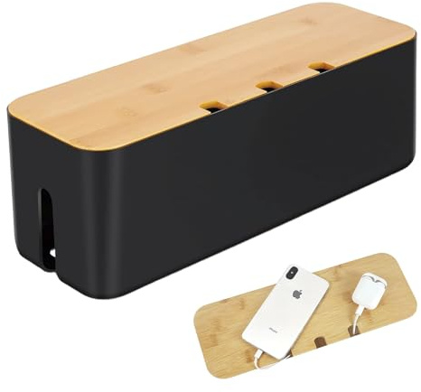 Cable Tidy Box, Larger Cables management box with Wooden Lid | 36 x 13 x 13 cm