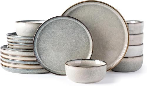 GBhome Stoneware Dinner Sets for 6 People, 18 Pieces Handcrafted Embossed Plates and Bowls Set, Scratch Resistant Dinnerware Set, Dishwasher & Microwave Safe Crockery Set (Green Wheat, Set of 18)