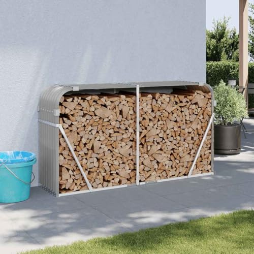 Myheimly Kaminholzunterstand, Kaminholzregal mit viel Stauraum, Feuerfest Brennholzregal mit Haken, Garten Holzlager Unterstand Hellgrau 180x45x100 cm Verzinkter Stahl