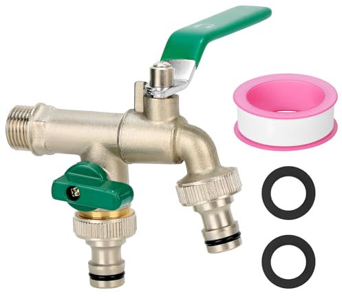 QWORK® Rubinetto doppio da 1/2 pollice in ottone con 2 collegamenti per tubo flessibile e comando valvola separato, resistente alla ruggine e al gelo per giardino, lavatrice, barile per la pioggia