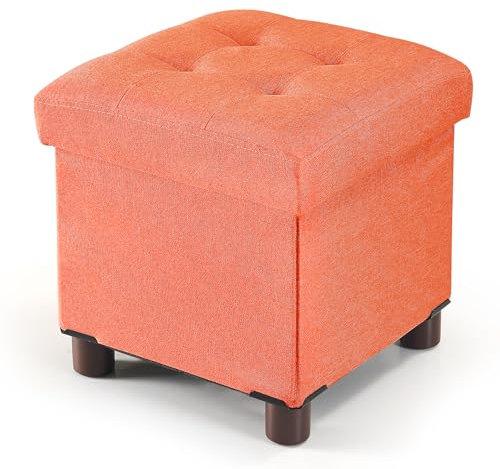 BRIAN & DANY Small Ottoman Storage Box 32x32x32.5cm, Linen Foot Stool with Wood Legs, Footstool with Lid for Livingroom Bedroom, Orange