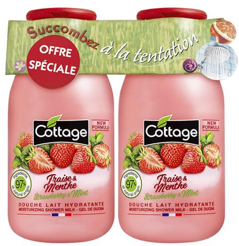 Cottage - Lot de 2 douches lait hydratantes - Fraise et Menthe - 97% d'ingrédients d'origine naturelle - Fabriqué en France - 2 * 250ml
