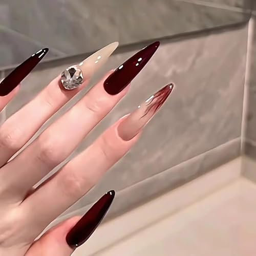 30pcs Long Stiletto False Nails Burgundy Red Ombre Press on Nails Nude Fake Nails Stick on Nails Removable Glue on Nails Acrylic Nail Tips Women Gothic Nail Accessories