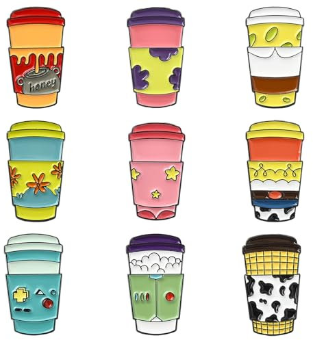 Stiesy 9Pcs Mixed Enamel Coffee Cup Pins Brooch Milk Tea Cup Lapel Pins Cartoon Funny Novelty Badges Creative Brooches Jewellry Pin Set for Crafting Clothes Hat Backpack Decoration Men Women Presents