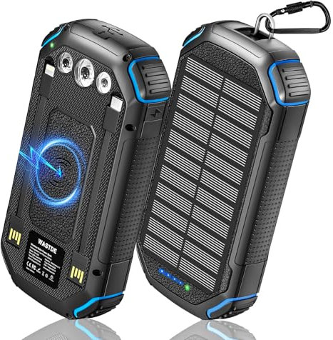 WASTDE Power Bank Wireless Solar 26800mAh con 3 Cavi, Solar Powerbank USB-C 15W Ricarica Rapida 4 Uscite 3 Ingressi per Telefono Cellulare Caricatore Solare Esterno Batteria con Torcia