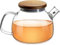 Impolio Tetera de cristal con colador, 580 ml, tetera con tapa de madera, vidrio de borosilicato resistente al calor, tetera con colador, diseño de tetera