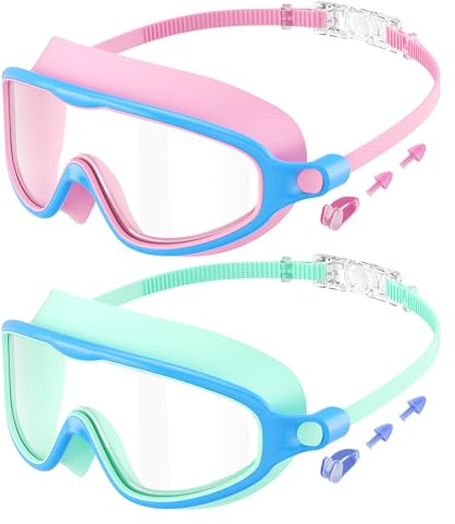 Senders 2 Pack Kids Swimming Goggles Wide Vision Swim Goggles with Ear Plugs Nose Clip Anti Fog UV Protection No Leakage Clear Vision for Children Early Teens 3 to 15 Years Old Child