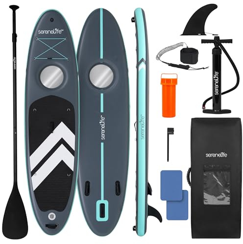 SereneLife 10’6” Inflatable Stand-Up Paddle Board with Window - 32” Wide Stable Design with Non-Slip EVA Deck Pad, Premium SUP Accessories and GoPro Mount, for Youth and Adults, 350 lbs. Capacity