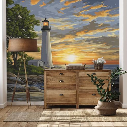 Yidbhsse Meer Fototapete Schlafzimmer Leuchtturm Sonnenuntergang Wanddeko 3d Effekt, Motivtapete, Wandtapete Baum Wolken Vliestapete Wohnzimmer, Wanddekoration 200x140 cm