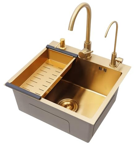 Fregadero de cocina de acero inoxidable, multifuncional, fregadero de cocina, fregadero individual, 55 x 50 cm, dorado, con grifos, escurridor, dispensador de jabón