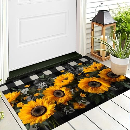 ALTCIRNMD Door Mat For Front Door Yellow Sunflower Grid Welcome Mats Beautiful Plants Kitchen Rug Non-Slip Entry Way Doormat For Indoor Outdoor Bathroom/Bedroom/Living Room,90X150Cm