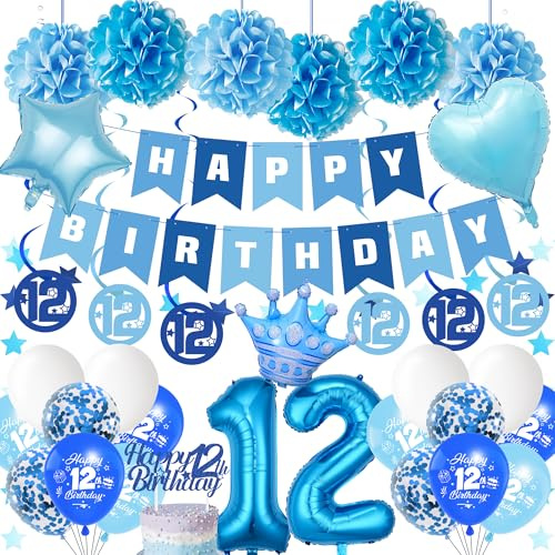 Geburtstagsdeko 12 Jahre Junge Luftballon - 36 StüCk Blau Partyzubehör | Happy Birthday Banner Riesen Folienballon Zahl Girlande Tortendeko Papier Pompons Deko für Jungen 12 Jahr Geburtstagdeko