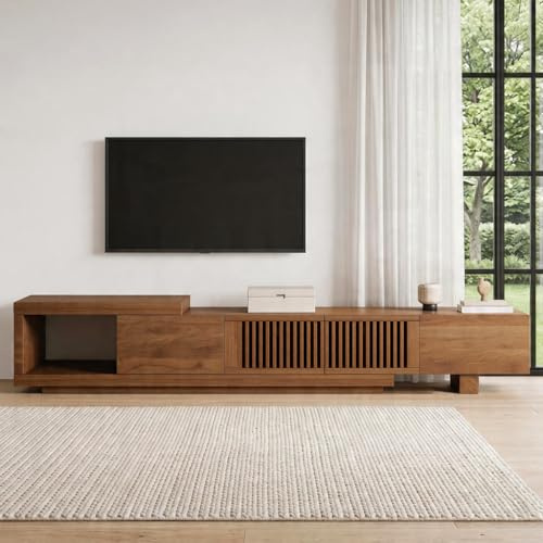 LumivoxNest Expandable TV Stand Cabinet - Organise Your Entertainment Space, 2m-2.6m Wide Walnut Media Unit with Cable Ports, Ideal Storage for 75-100 Inch TVs(Walnut, 200-260cm)