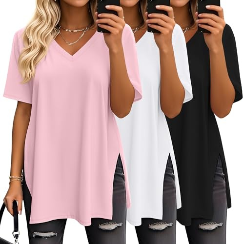 Geyoga Lot de 3 T-Shirts Oversize pour Femme, col V, Maille décontractée, Manches Courtes, Fentes latérales, Coupe Ample, Tuniques Tendance(Noir, Blanc, Rose,XX-Large)