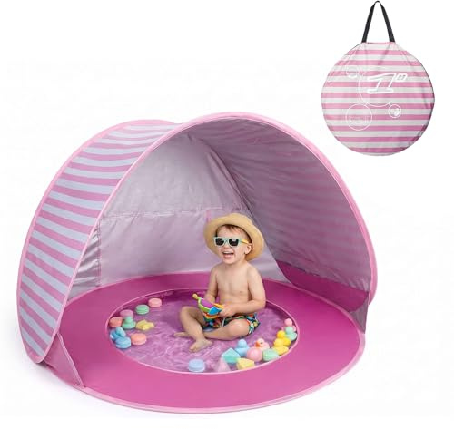 Strandmuschel Pop Up mit UV Schutz UPF 50+, Strandzelt mit abnehmbarem Mini Pool, Tragbares Sun Shelter für Strand, Garten, Camping, Outdoor, Schnellaufbau Strandzelt (Rosa)