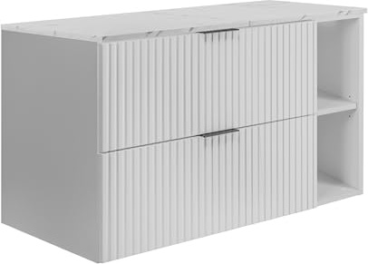 3E 3xE living.com Wandhängender Badezimmerschrank, weiß/Arbeitsplatte aus weißem Marmor-Optik (MDF), 100 x 57 x 46 cm
