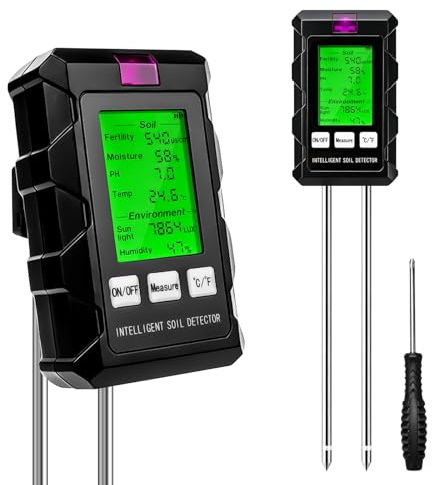 Bodenmessgerät 6-in-1 Bodentest Messgerät, Multifunktionaler Bodentester für Fruchtbarkeit, Temperatur, Licht, pH-Wert, Bodenfeuchtigkeit und Umgebungsfeuchtigkeit (Grün)