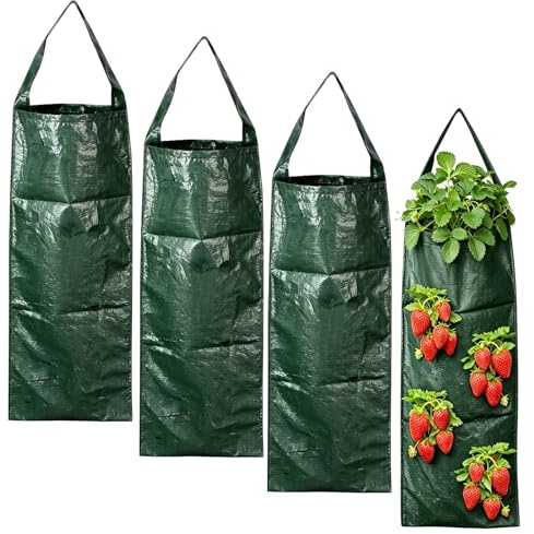 XIAOjnHONG 4 Pcs Hanging Grow Bags Flower Strawberry Planter Bags | Stoff Vegetable Flower Strawberry Herbs Plant Grow Bag Hanging Planter for Vertical Gardening