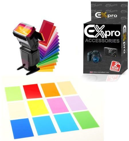 Ex-Pro 12 x Flash Gun Universal Colour Coloured Gel Filter Kit with Hook & Loop Holder.