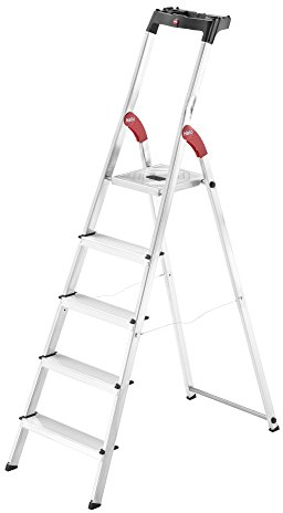 Hailo L60 StandardLine Alu-Sicherheits-Stehleiter - Leiter 5 Stufen belastbar bis 150 kg - stabile Holmführung - Stehleiter mit Ablage - klappbare Aluleiter Made in Germany - Leiter rostfrei - Silber