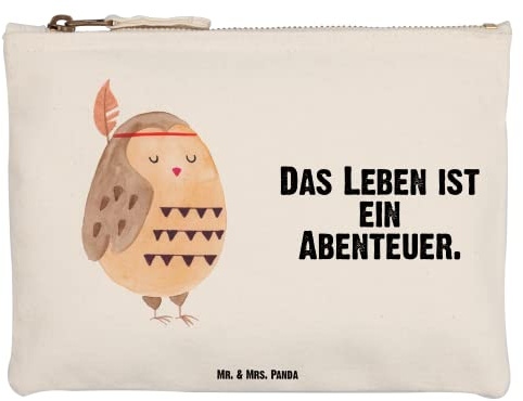 Mr. & Mrs. Panda Make-Up Tasche Eule Federschmuck Größe M - Geschenk, Kulturbeutel, Aufbewahrungstasche, Baumwolltasche, Owl, Waldtiere, Kosmetiktasche, Abenteuer, kosmetiktäschchen, Pouch