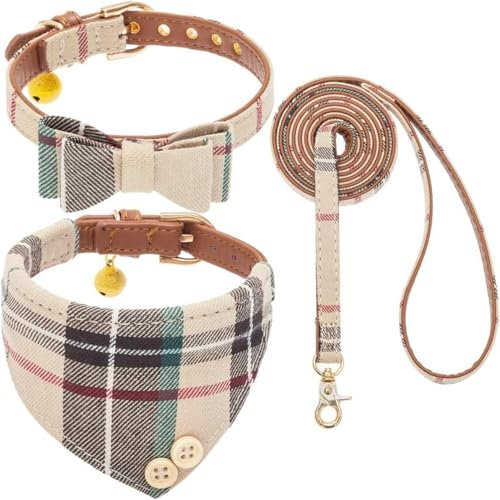 Set mit Fliege und Leine für kleine Hunde – Welpenleine Halsbänder Classic Plaid – Verstellbare Größe mit Goldener Glocke – Perfekt für kleine Rassen Jungen
