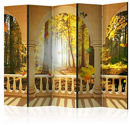 decomonkey Paravent Raumteiler Innen Wald 225x172 cm 5 Teilig Beidseitig Room Divider Wall Raumteiler Stehend Trennwand Sichtschutz Spanische Wand Sichtschutzwand Wohnzimmer Holz Landschaft Natur