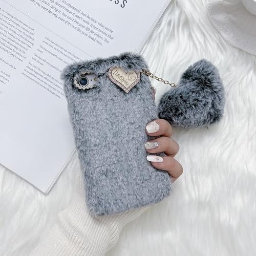 ZTUOK Compatible with iPhone 7 Plus/8 Plus for Girls, Luxury Diamond Winter Warm Handmade Soft Fur Fluffy Plush Furry Shockproof Protective Phone Case Cover - Dark Gray