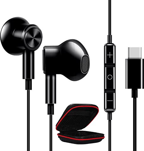Auriculares USB C para Samsung A26/A36/A56/A55/A35/S25/S24/S23/S22/S21 HiFi Estéreo Magnético Headphones USB Tipo C Auriculares con cable Earphones con micrófono para iPhone 16e 15 Pixel 9 8a 7a negro