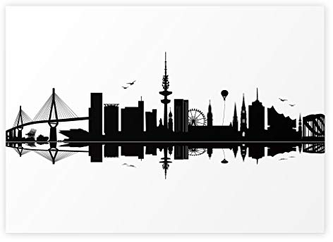 Hamburg Skyline Poster, schwarz-weiß, Wandbild/Wanddekoration mit Stadt Panorama, ohne Rahmen (mattes Premium-Papier 135g/m², DIN A2 quer)