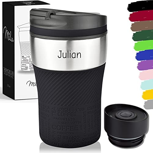 Milu Thermobecher mit Gravur - 210ml - Vatertag Muttertag personalisiert Geschenk mit Namen Ostern Weihnachten für Männer Frauen Mama Papa (Schwarz, 210ml (+Gravur)