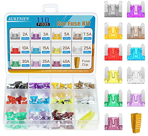 AUKENIEN 110 Stück KFZ Sicherungen Micro Niedriges Profil PKW Flachsicherungen Stecksicherungen Autosicherungen Set Gemischt 2A 3A 5A 7.5A 10A 15A 20A 25A 30A 35A 40A mit 1 Stück Sicherungszieher