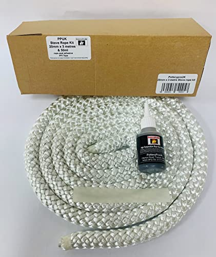 PotteryproUK PPUK Stove Rope 20mm x 3 metres Hard Rope &50ml Glue Kit for Woodburner Log Burners Pizza Ovens Door Seal Kit