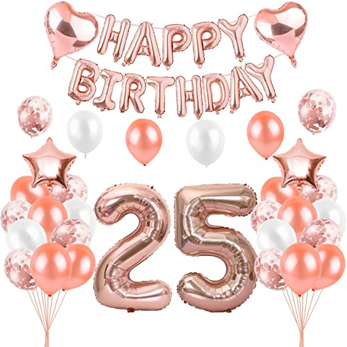 HCRXVV Rosegold 25 Geburtstag frau Party Deko Set 25 Luftballons frauen damen Happy Birthday Girlande Geburtstagsdeko Folienballon für 25 Jahre Geburtstag Mädchen deko