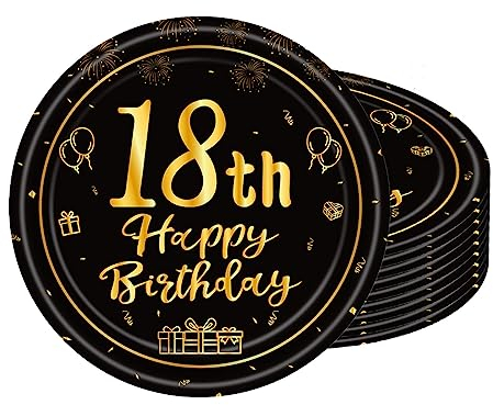 POPOYU 16pcs Black and Gold Paper Plates 18th, Happy Birthday Disposable Tableware Paper Plates 7 Inch,Happy 18th Birthday Decorations Plates for Men,Women,Him,Her 18th Birthday Gifts Party Supplies
