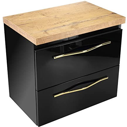 paplinskimoebel Girona 60 schwarzer Hochglanz-Aufsatzschrank B60,5 x T40 x H51,5 Zwei Schubladen, goldene Metallgriffe, auch als Unterschrank für Aufsatzwaschbecken geeignet (Eichenoptik)