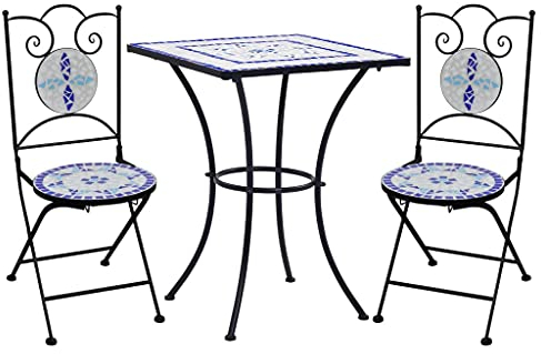 ZEYUAN 3-TLG. Bistro-Set, Bistrotisch Mit 2 Stühlen, Gartenset Tisch Und Stühle, Balkontisch Klein, Bistroset, Mosaik Keramik Blau und Weiß