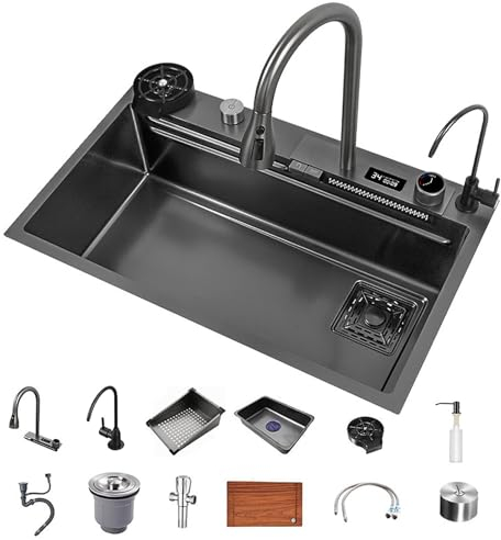Küchenspüle, 304 Edelstahl Nano-Wasserfall-Spüle, Home Sink Gemüsebecken Einzelspüle, Bar-Spüle, Mit Ausziehbarem Wasserhahn, Cup Washer (Color : A, S : 75x46cm)
